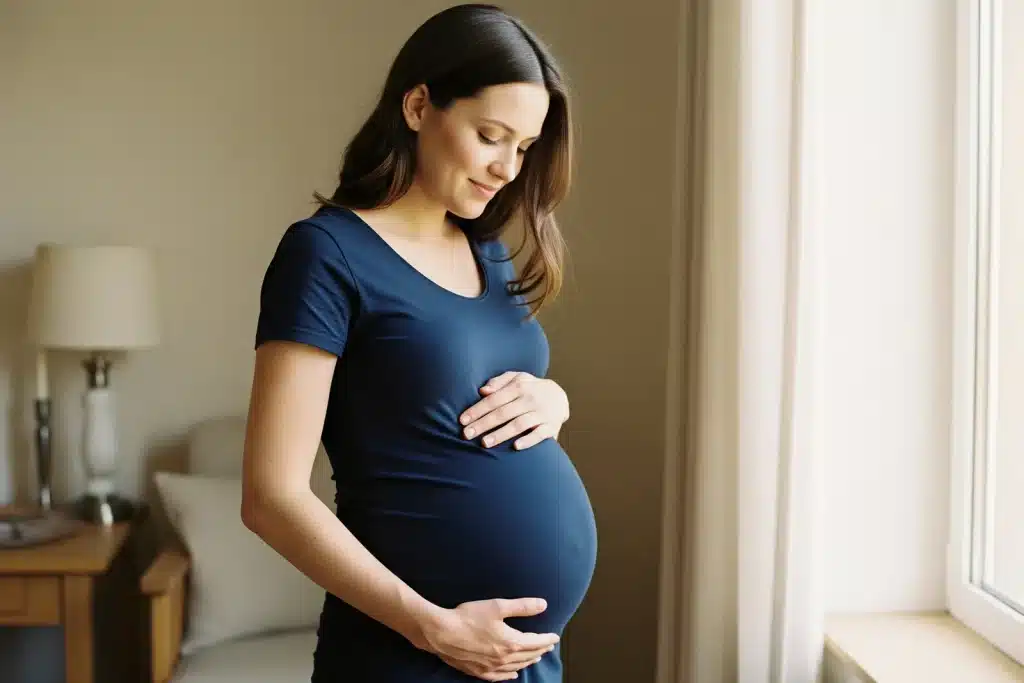 Femme enceinte sereine tenant son ventre arrondi près d'une fenêtre, grossesse semaine par semaine