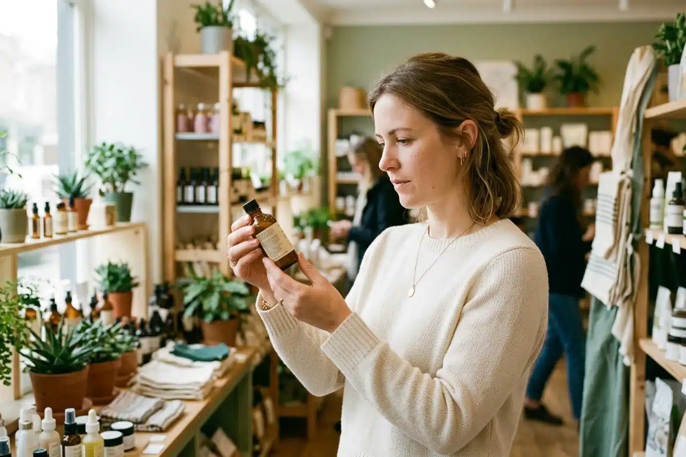 lire une étiquette cosmétique naturel INCI femme qui lit l'étiquette d'un cosmétique naturel dans une boutique bio