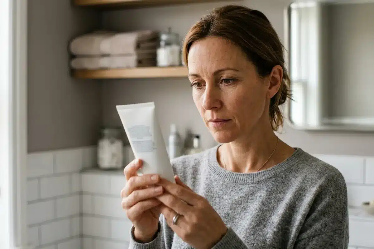 Lire l'étiquette d'un produit cosmétique Femme lisant attentivement l'étiquette d'un tube de crème dans une salle de bain
