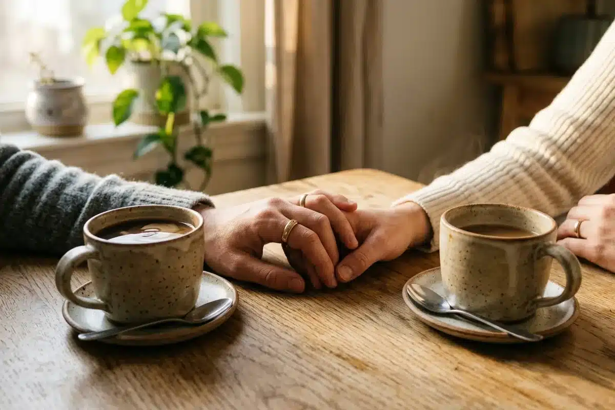 Deux tasses de café et des mains qui se frôlent le matin Les mains d'un couple qui se touchent près de deux tasses de café sur une table en bois le matin