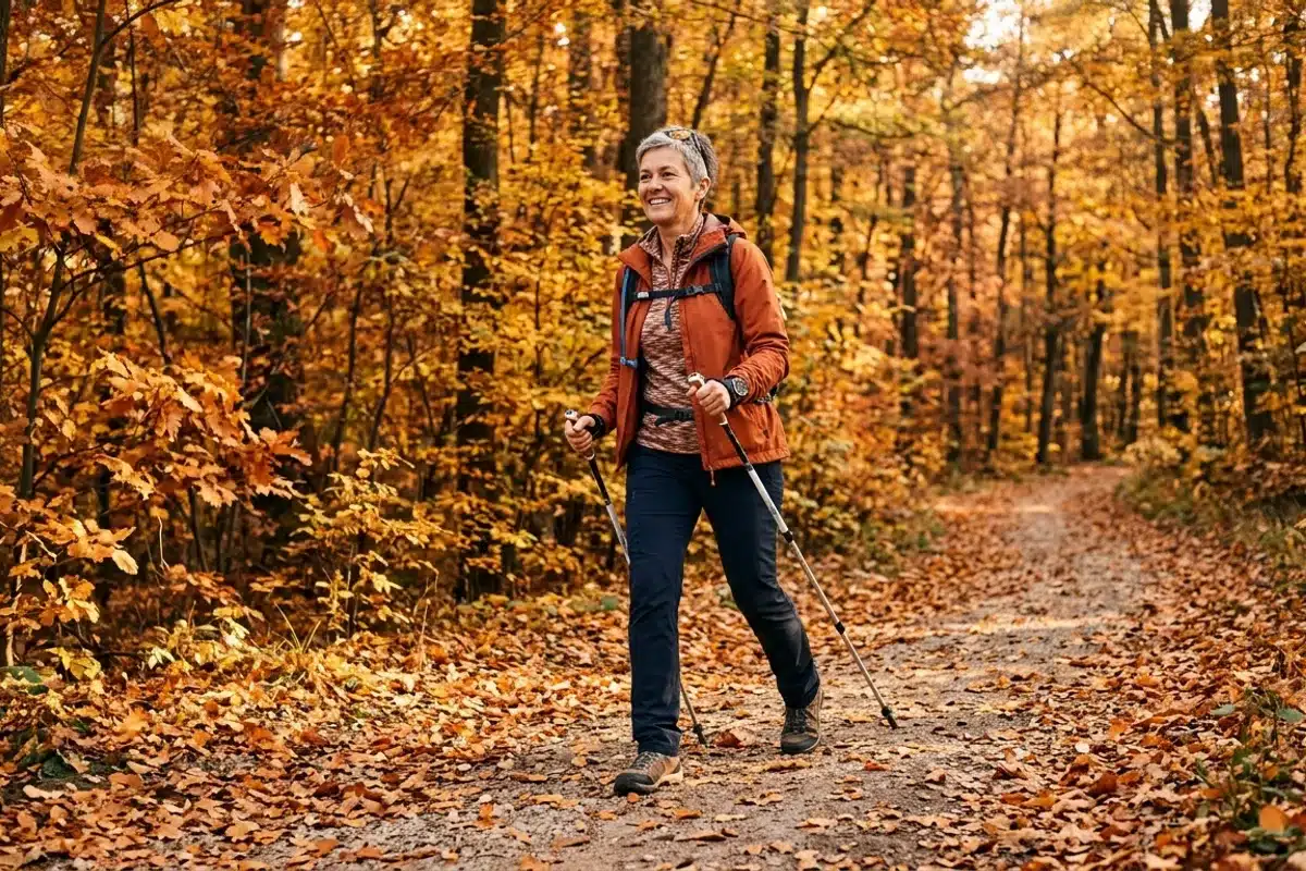 Marche nordique en forêt à l'automne Une femme d'une cinquantaine d'années pratique la marche nordique dans une forêt aux couleurs d'automne
