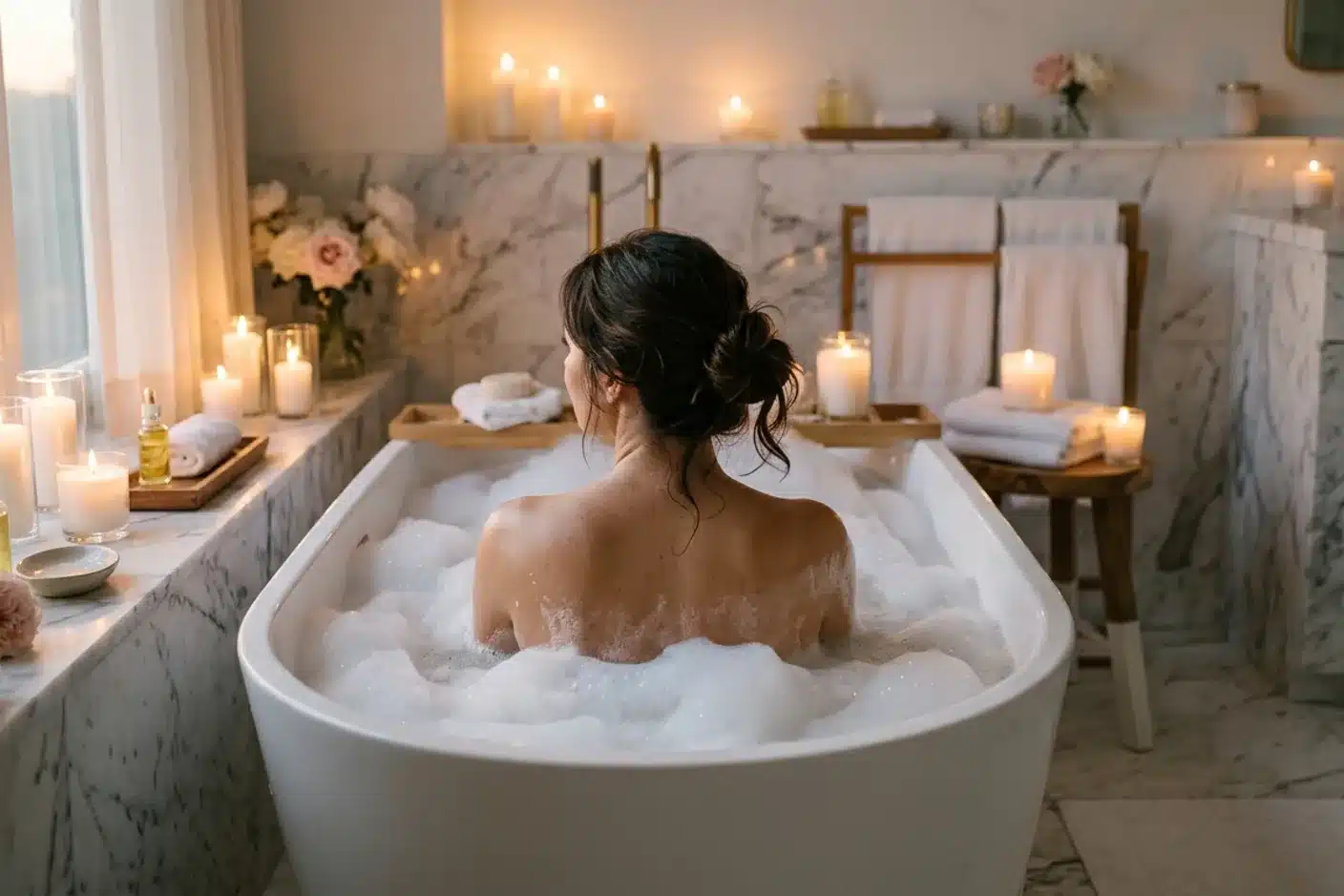 Femme se relaxant dans un bain, connaissance de soi Femme de dos dans un bain moussant éclairé par des bougies, symbole de bien-être et exploration de soi