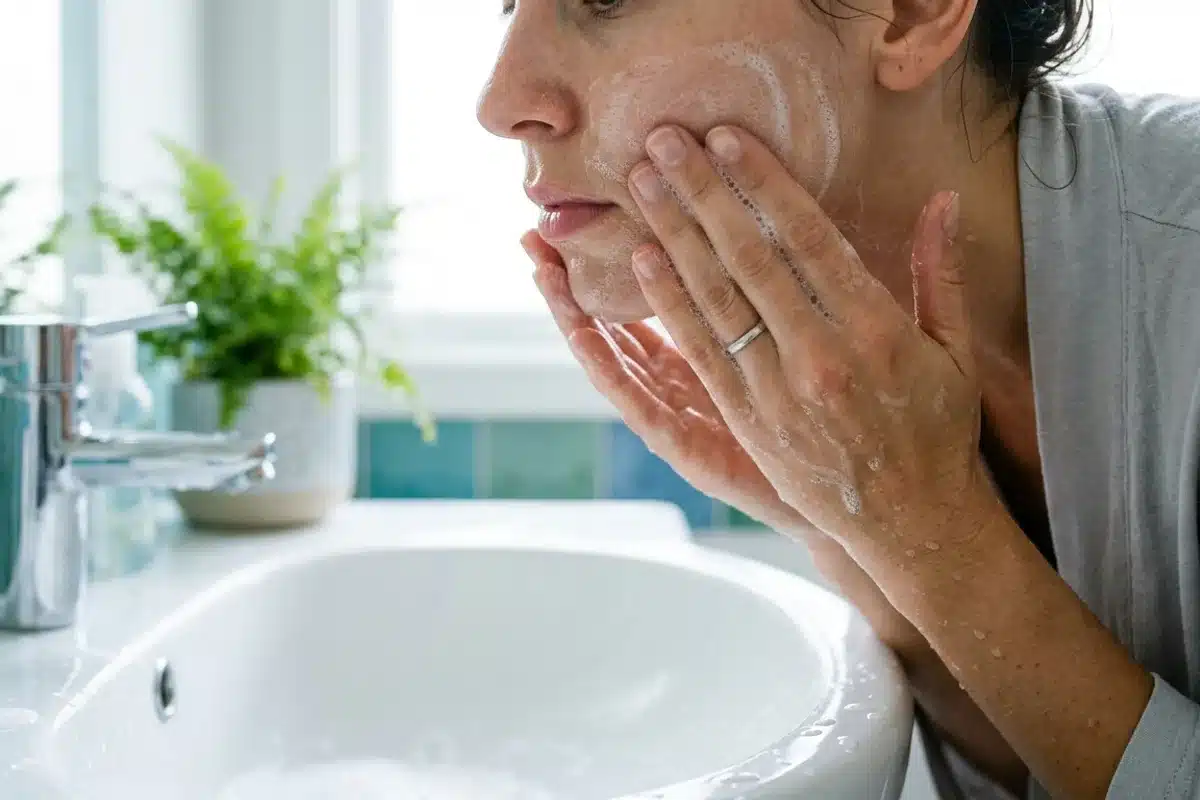 Nettoyage doux du visage le matin Femme nettoyant son visage avec une mousse nettoyante au-dessus d'un lavabo