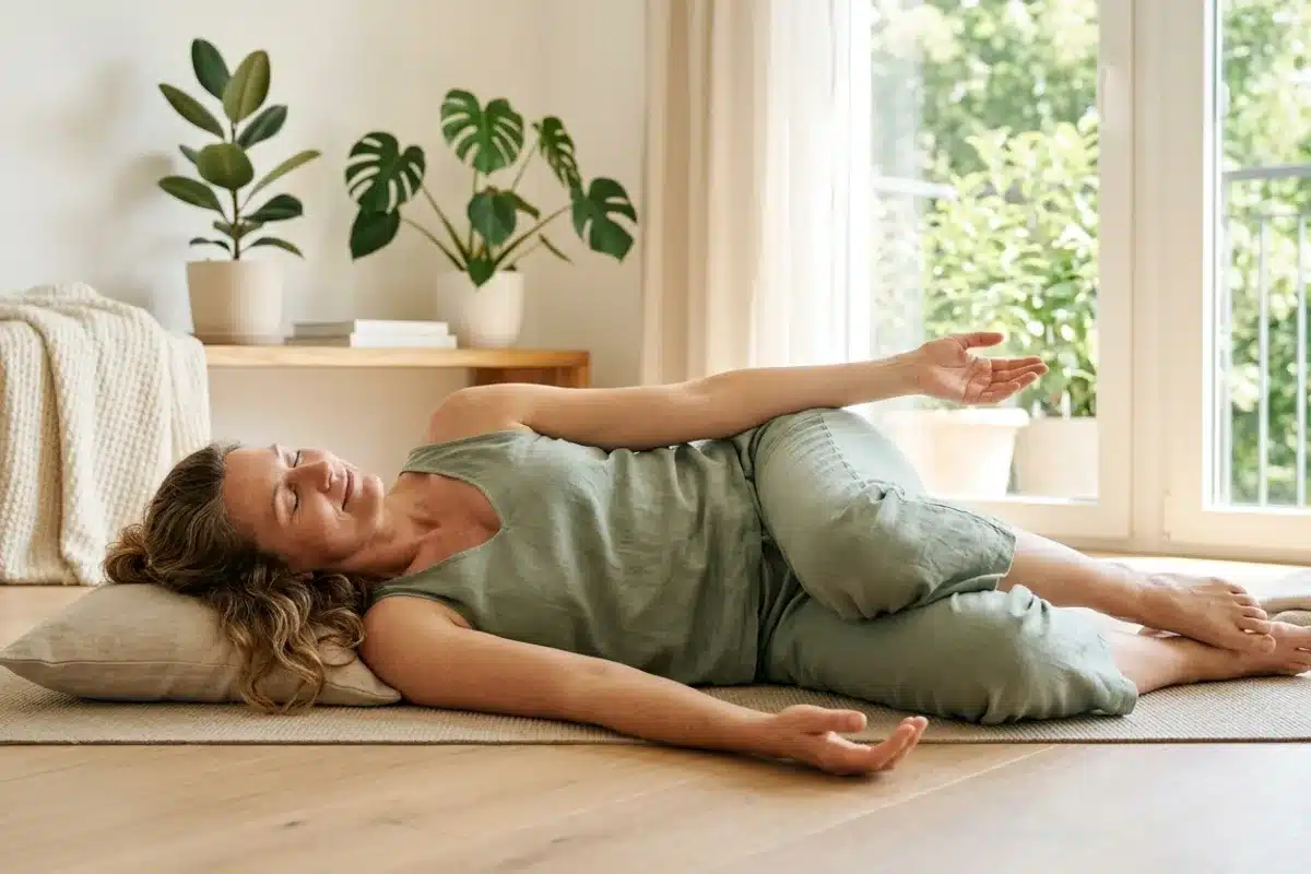 Relaxation du périnée, alternative aux exercices de Kegel Femme en position de relaxation sur tapis de yoga, exercices de relâchement du périnée