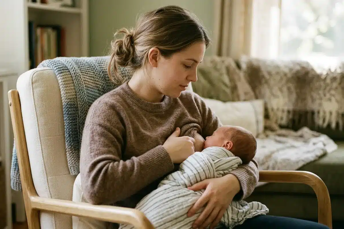 Post-partum : allaitement et rééducation périnéale compatibles Jeune maman allaitant son nouveau-né dans un fauteuil confortable, ambiance douce et sereine en post-partum