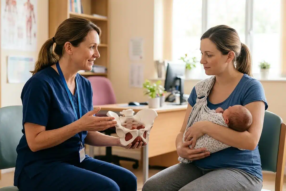Séance de rééducation périnéale post-partum avec une sage-femme Sage-femme expliquant la rééducation périnéale post-partum à une jeune maman dans un cabinet lumineux