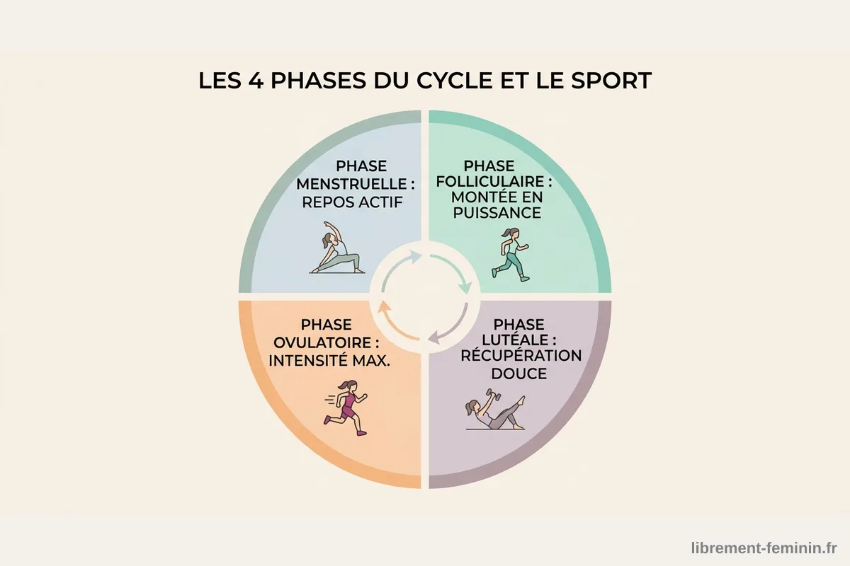 Infographie des 4 phases du cycle menstruel et sport adapté Infographie circulaire montrant les 4 phases du cycle menstruel avec les activités sportives recommandées à chaque phase