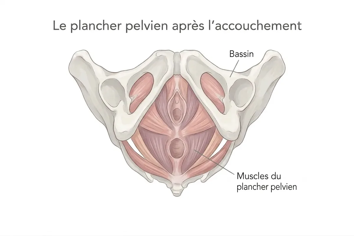 Périnée féminin : muscles du plancher pelvien Illustration médicale du périnée féminin et des muscles du plancher pelvien vus de dessous
