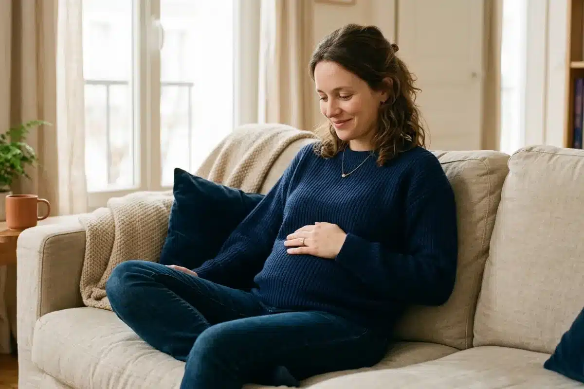 Premier trimestre de grossesse Femme enceinte assise, une main sur le ventre, premières semaines de grossesse