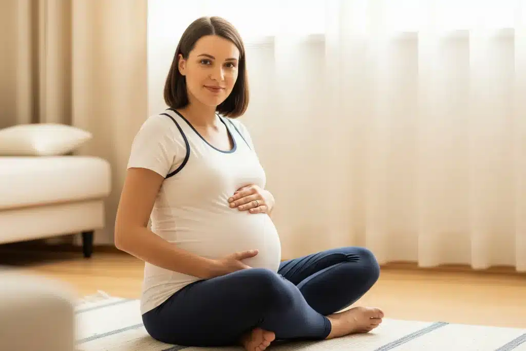 Femme enceinte sereine assise en tailleur, préparation à l'accouchement