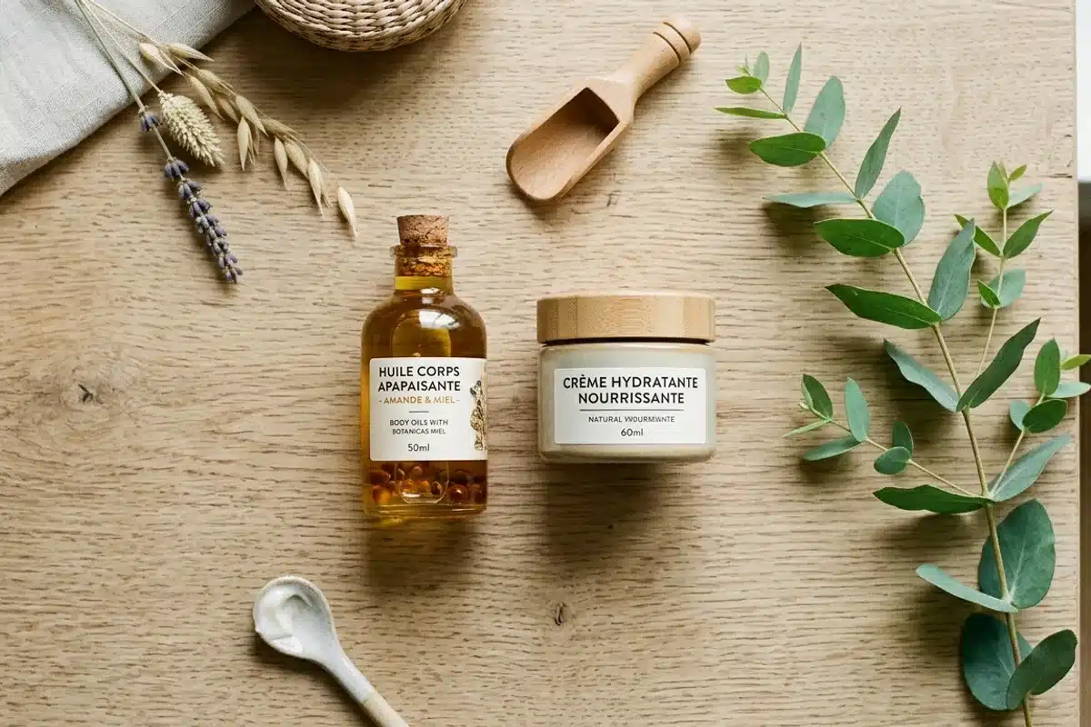 Produits de soin corps naturels pour vergetures et hydratation Produits de soin corps naturels disposés sur une surface en bois, huile et crème pour vergetures