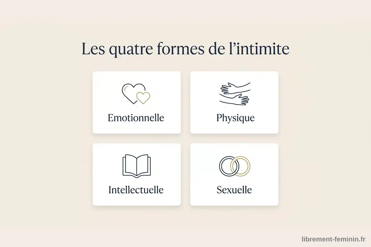 Les quatre formes de l'intimité dans le couple Infographie des quatre formes de l'intimité du couple : émotionnelle, physique, intellectuelle et sexuelle