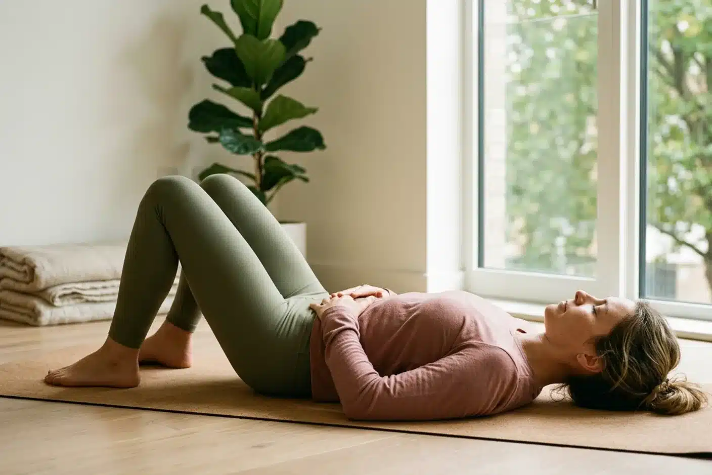 Femme pratiquant des exercices de renforcement périnéal Femme faisant des exercices de renforcement et de relaxation du périnée sur un tapis de yoga dans un espace lumineux