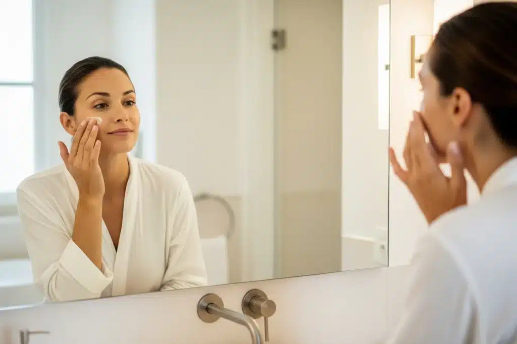 Routine de soin du visage : une femme applique une crème devant son miroir