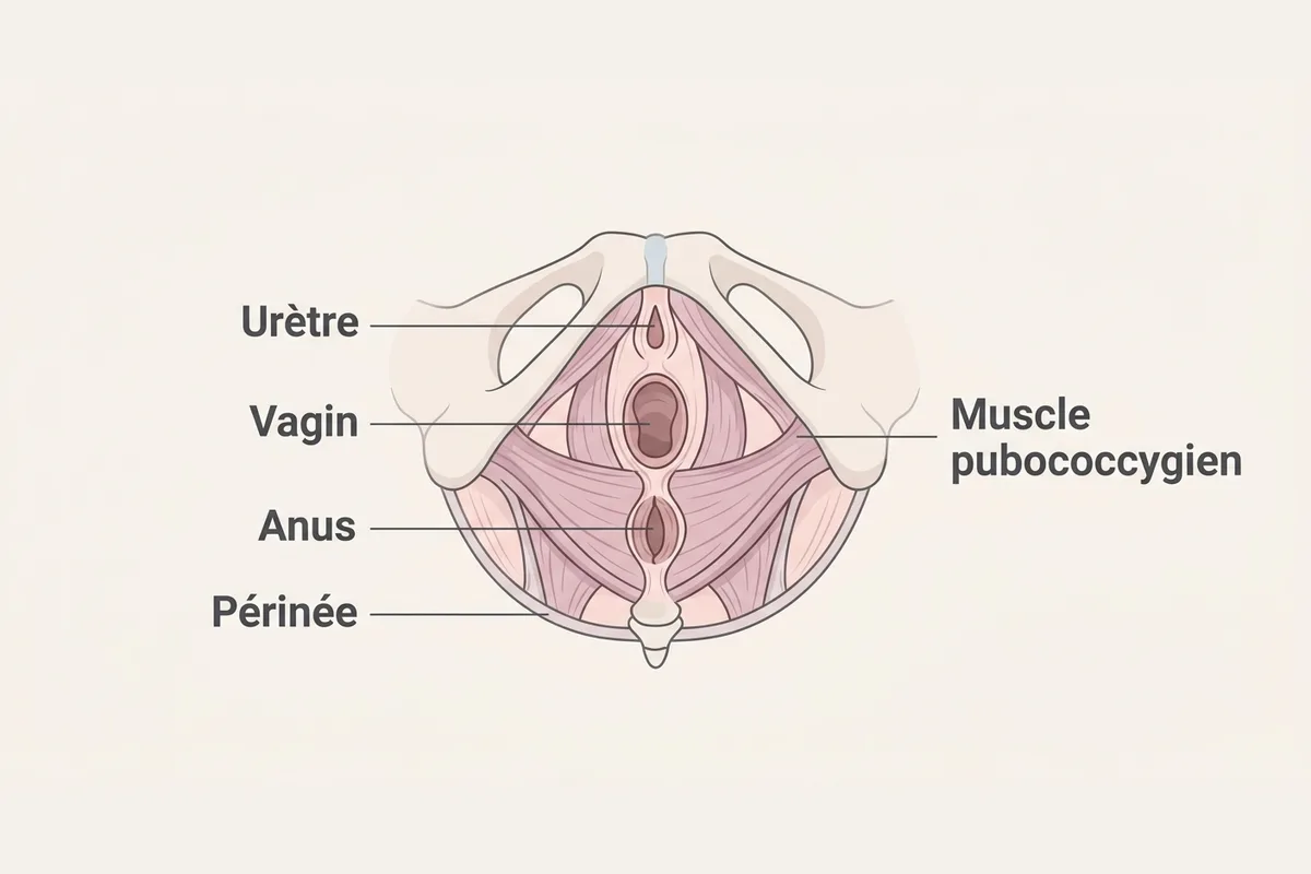 Schéma du plancher pelvien féminin Schéma anatomique du plancher pelvien féminin avec muscles du périnée