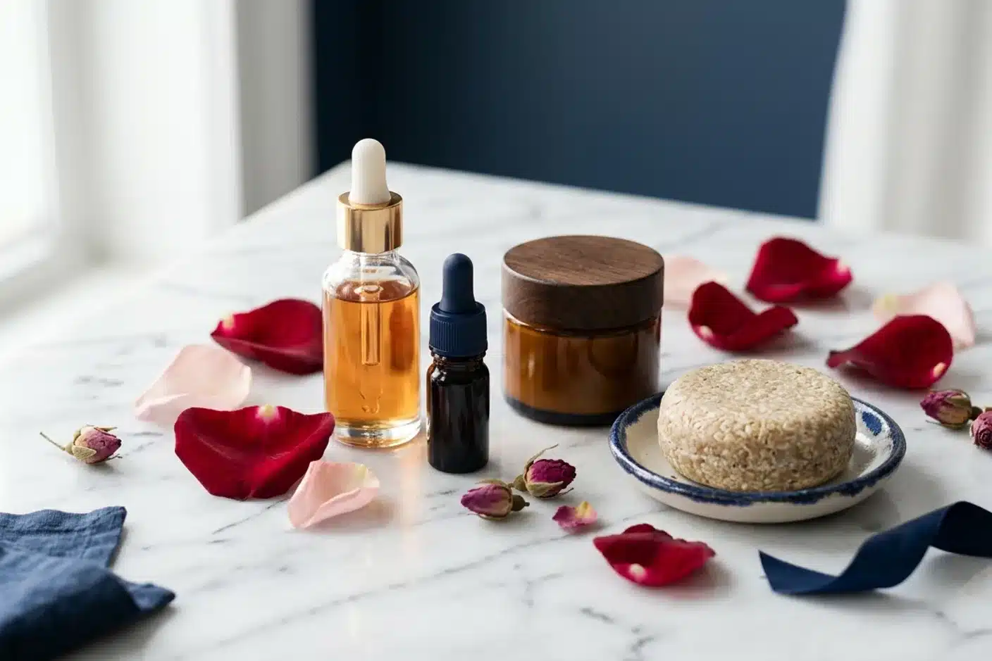sélection cosmétiques bio certifiés Cosmos sélection de cosmétiques bio certifiés disposés sur marbre blanc