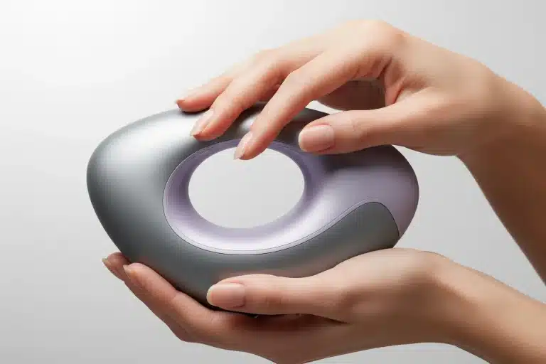 Mains tenant un objet sextech minimaliste de couleur gris argenté