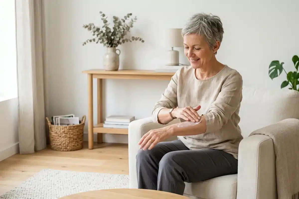 Soin du corps à la ménopause, routine beauté Femme de 50 ans aux cheveux courts gris appliquant une crème sur son avant-bras dans un salon lumineux, routine de soin à la ménopause