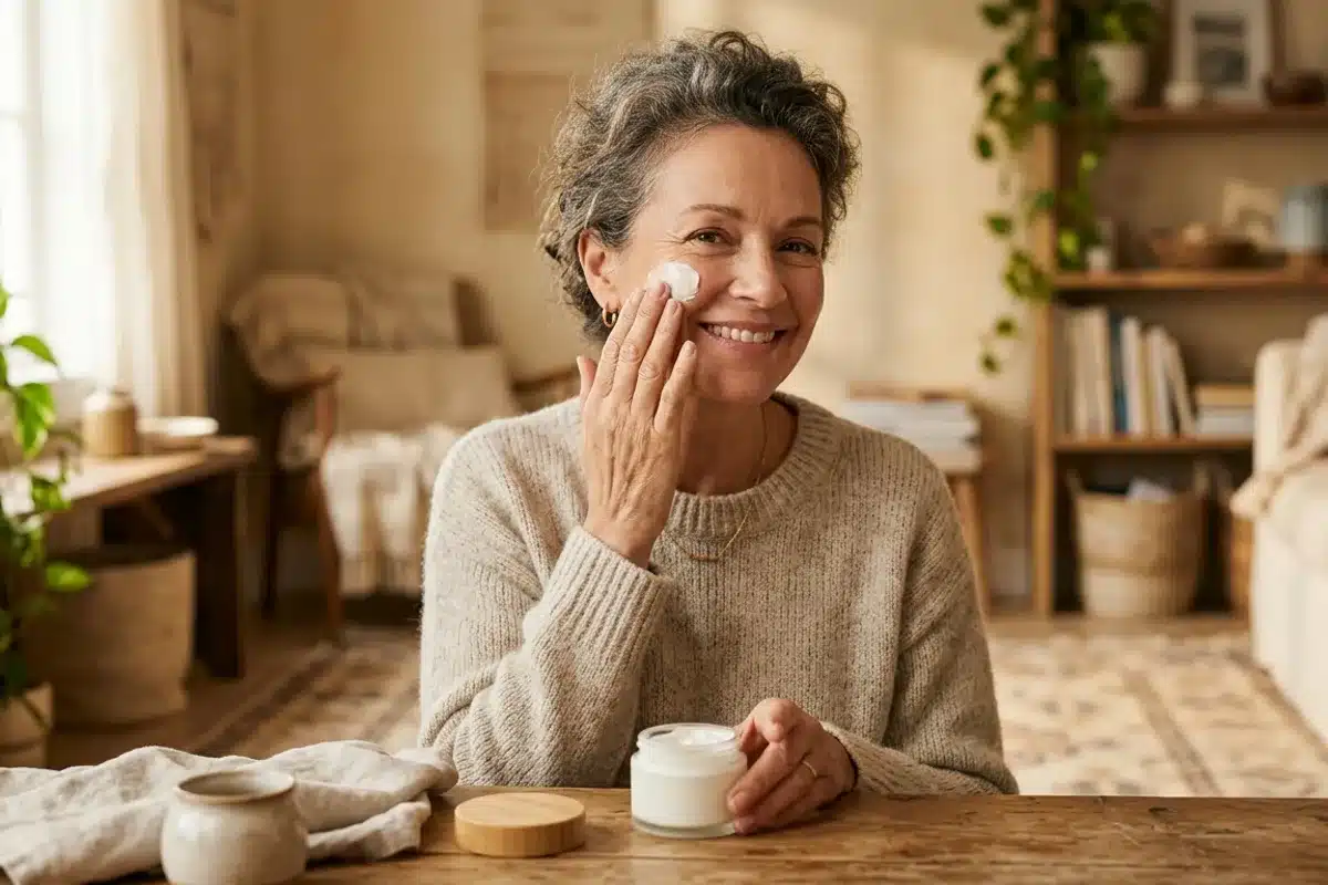 Soin du visage de la peau mature Femme de 55 ans appliquant une crème riche sur le visage dans un intérieur chaleureux