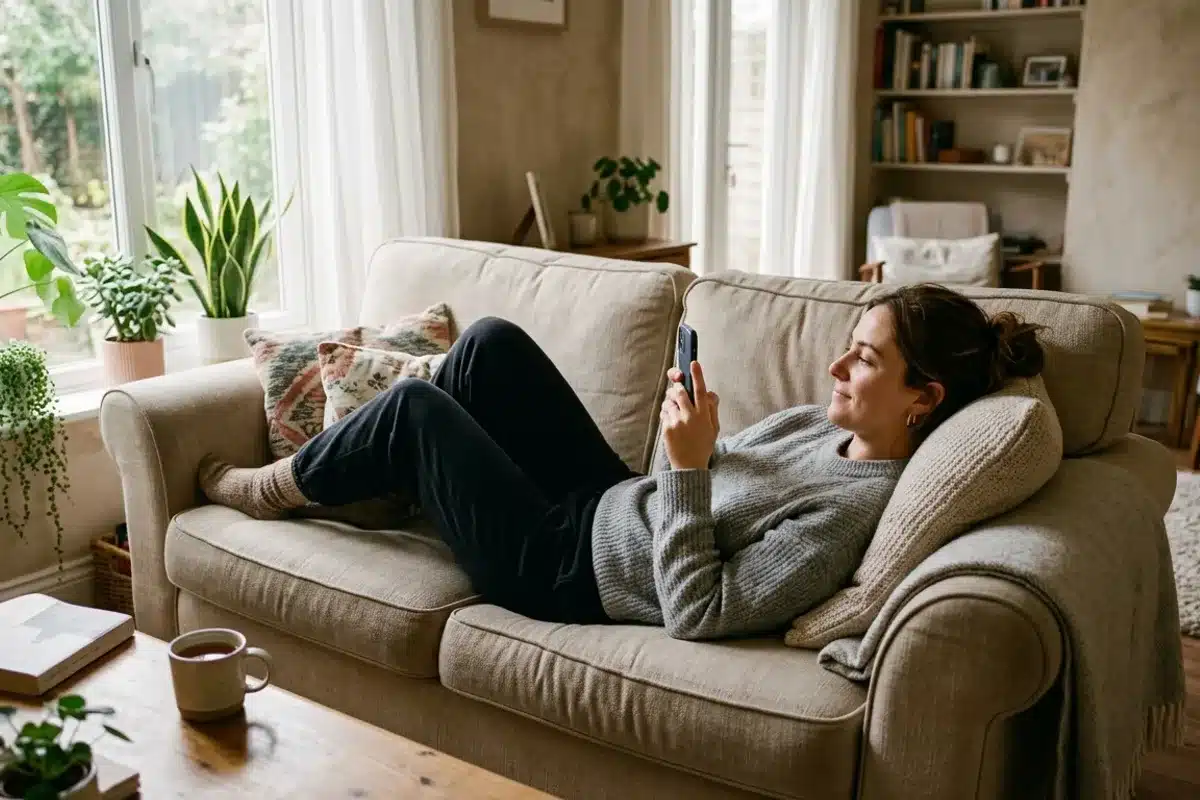 Application mobile rééducation périnéale connectée domicile Femme allongée sur canapé utilisant son smartphone pour une séance de rééducation périnéale à domicile