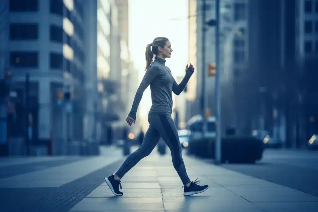 Sport au féminin : une femme en tenue de sport marche d'un pas dynamique dans une rue urbaine à l'aube