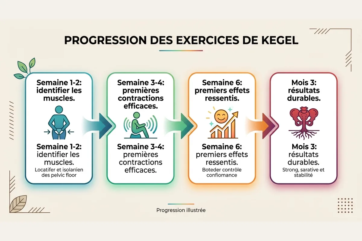 Timeline résultats exercices de Kegel Schéma de progression des résultats des exercices de Kegel de la semaine 1 au mois 3