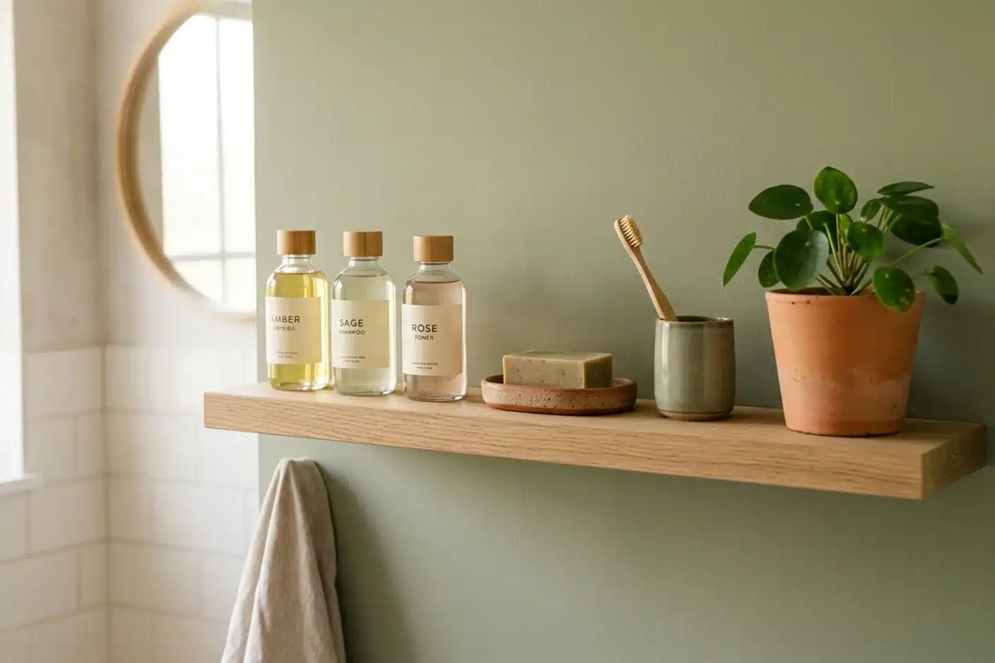 transition beauté naturelle routine salle de bain routine beauté naturelle organisée sur une étagère en bambou dans la salle de bain