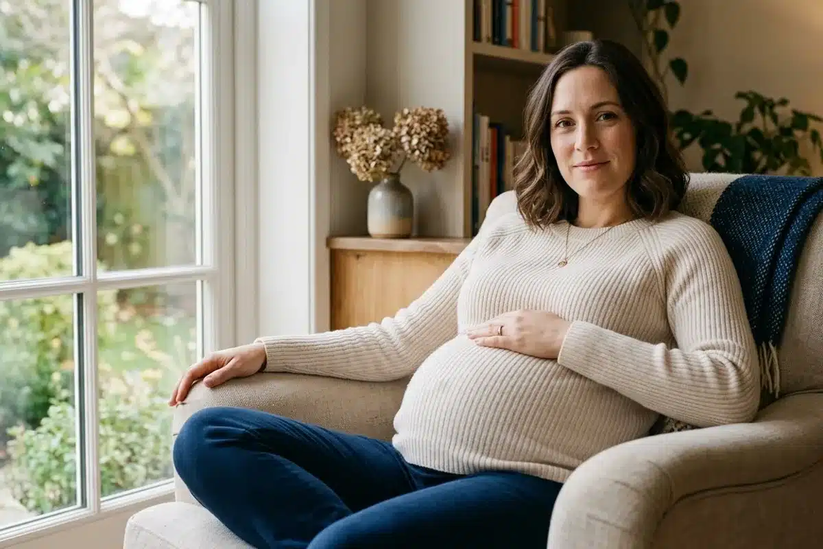 Troisième trimestre de grossesse Femme enceinte au troisième trimestre installée dans un fauteuil, dernière ligne droite avant l'accouchement