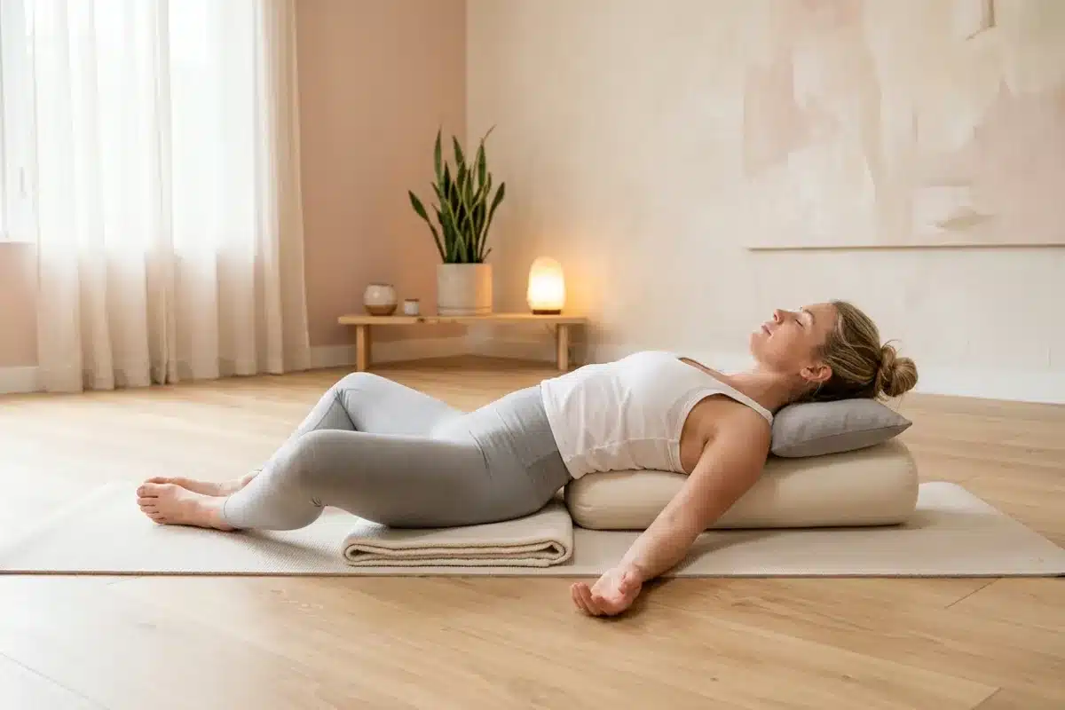 Posture de Yin yoga en studio Femme en posture de Yin yoga allongée sur tapis, studio clair