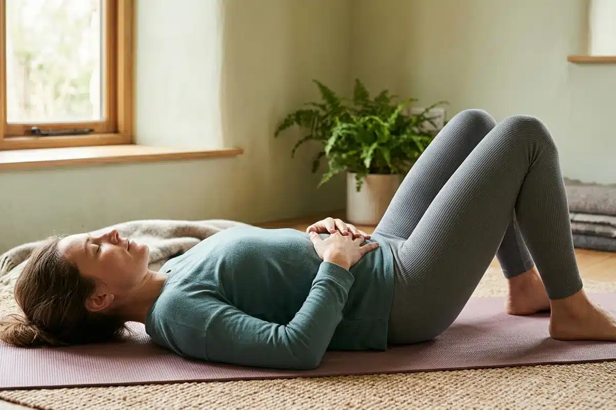 Posture de yoga du périnée - relaxation pelvienne Femme allongée sur un tapis de yoga, genoux pliés, pratiquant le yoga du périnée