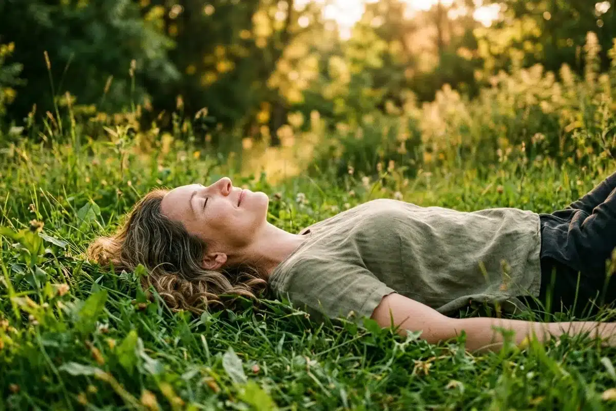 Femme se reposant dans la nature, parenthèse de récupération Femme allongée dans l'herbe, yeux fermés, expression apaisée, lumière dorée de fin d'après-midi