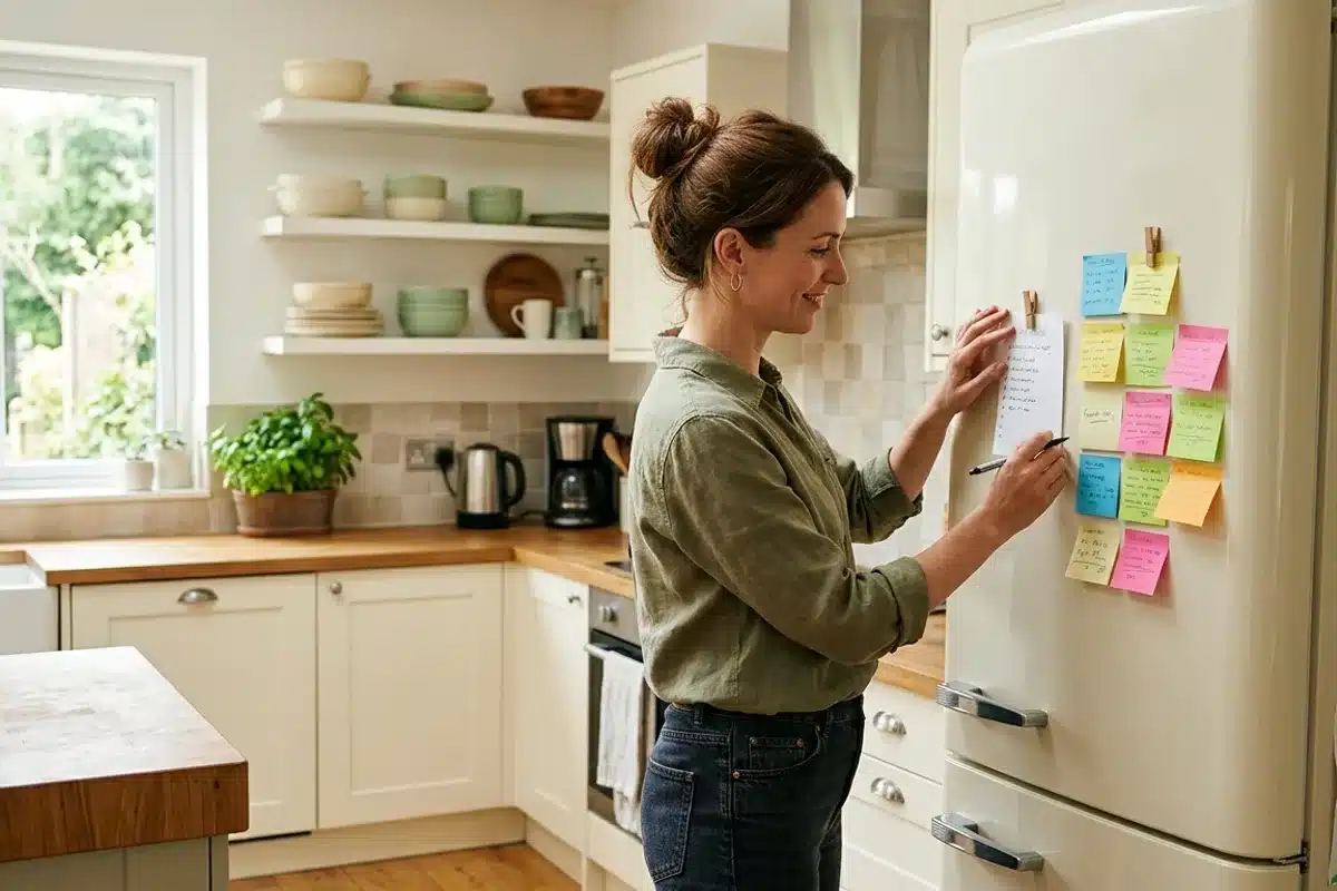 Rendre visible la charge mentale Femme collant une liste de tâches et des post-it colorés sur la porte du réfrigérateur