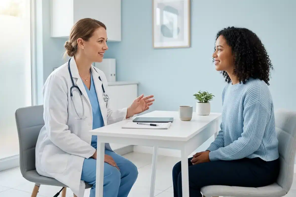Consultation gynécologique douleur ovulation Médecin femme en blouse blanche en consultation avec une patiente dans un bureau médical épuré