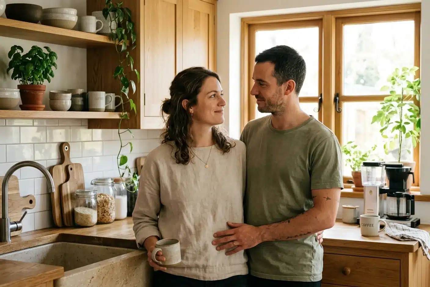 Couple soutien post-partum dans cuisine lumineuse Deux parents solidaires debout dans une cuisine lumineuse en bois clair en période de post-partum
