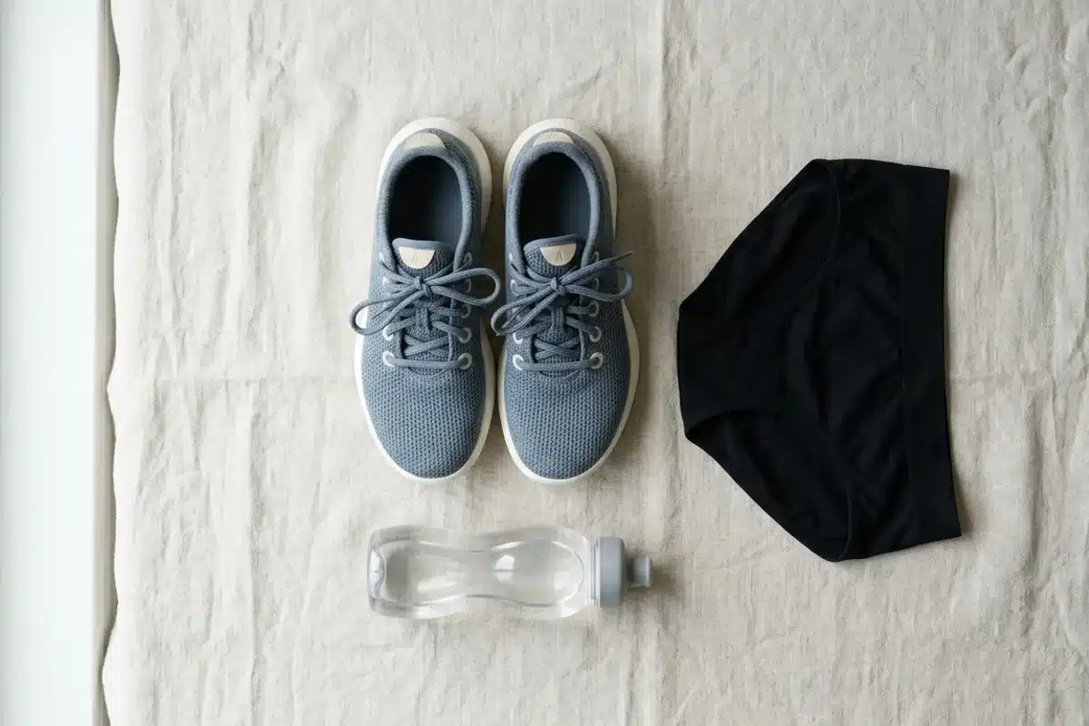 Équipement running féminin adapté au périnée Équipement de running féminin incluant chaussures et culotte absorbante sport, sans marque visible