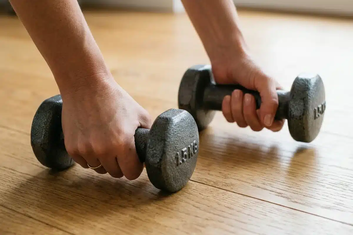 Haltères légers pour le renforcement musculaire à la ménopause Gros plan sur des mains tenant des haltères de fonte sur parquet bois, renforcement musculaire ménopause