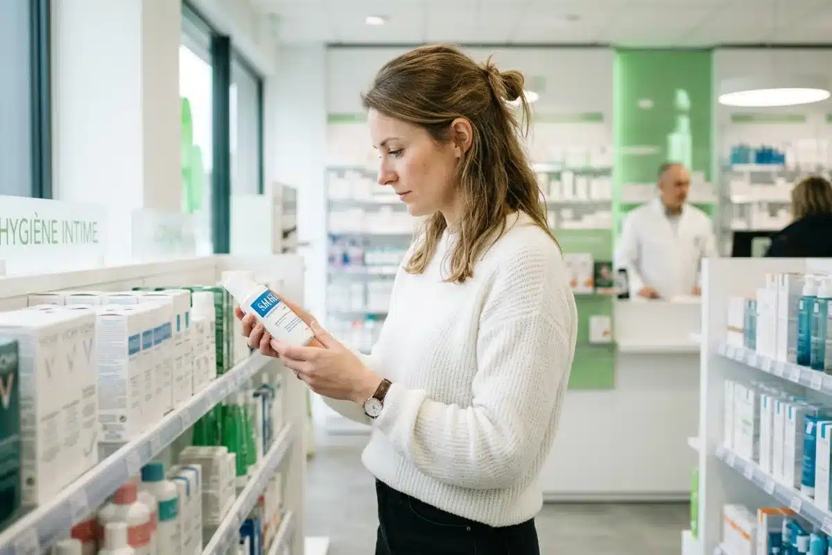 Choisir un produit d hygiène intime - pH et composition Femme lisant l étiquette d un gel intime pour choisir un produit au pH adapté