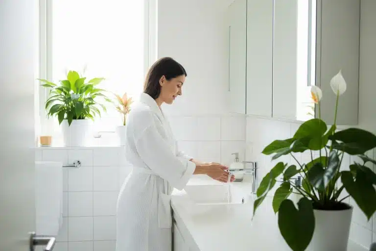 Femme prenant soin de son hygiène intime dans une salle de bain lumineuse