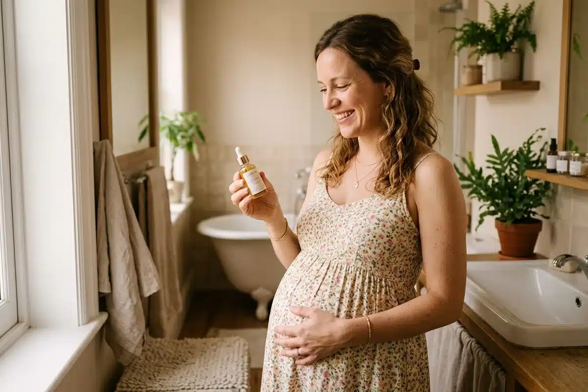 Hygiène intime pendant la grossesse et à chaque étape de vie Femme enceinte prenant soin de son hygiène intime dans une salle de bain chaleureuse