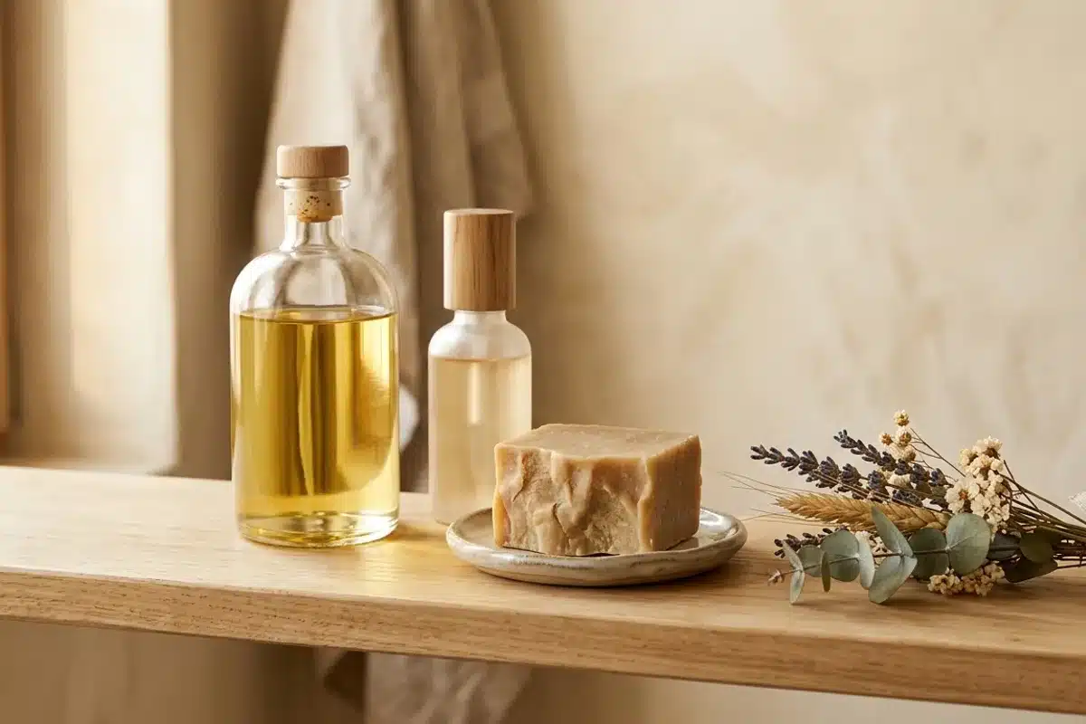 Produits doux pour l hygiène intime féminine Flacons de gel intime doux et savon solide sur tablette en bois, pour préserver la flore vaginale