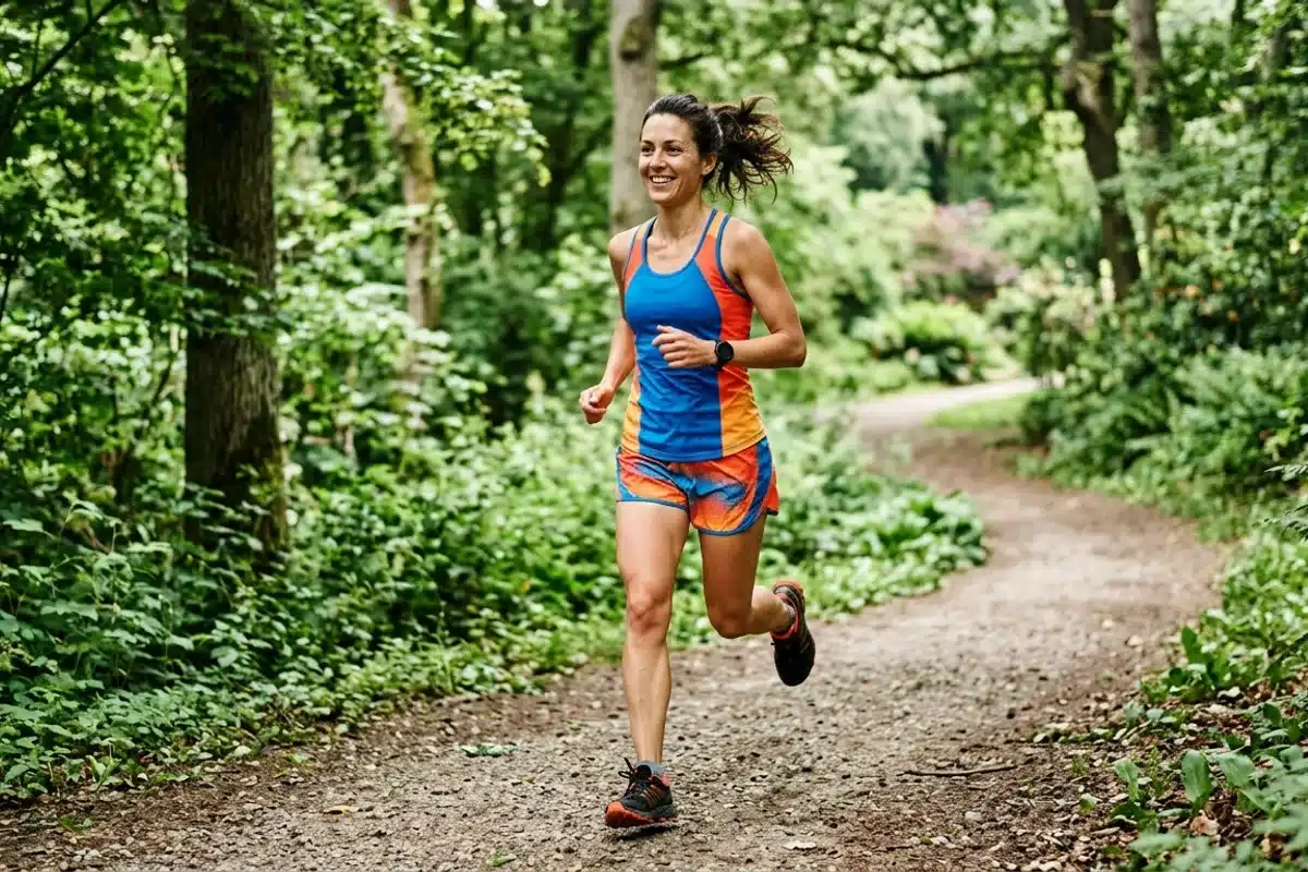 Course a pied et incontinence urinaire chez la femme Femme courant sur un chemin de parc, illustrant l impact du running sur le perinee et les fuites urinaires d effort