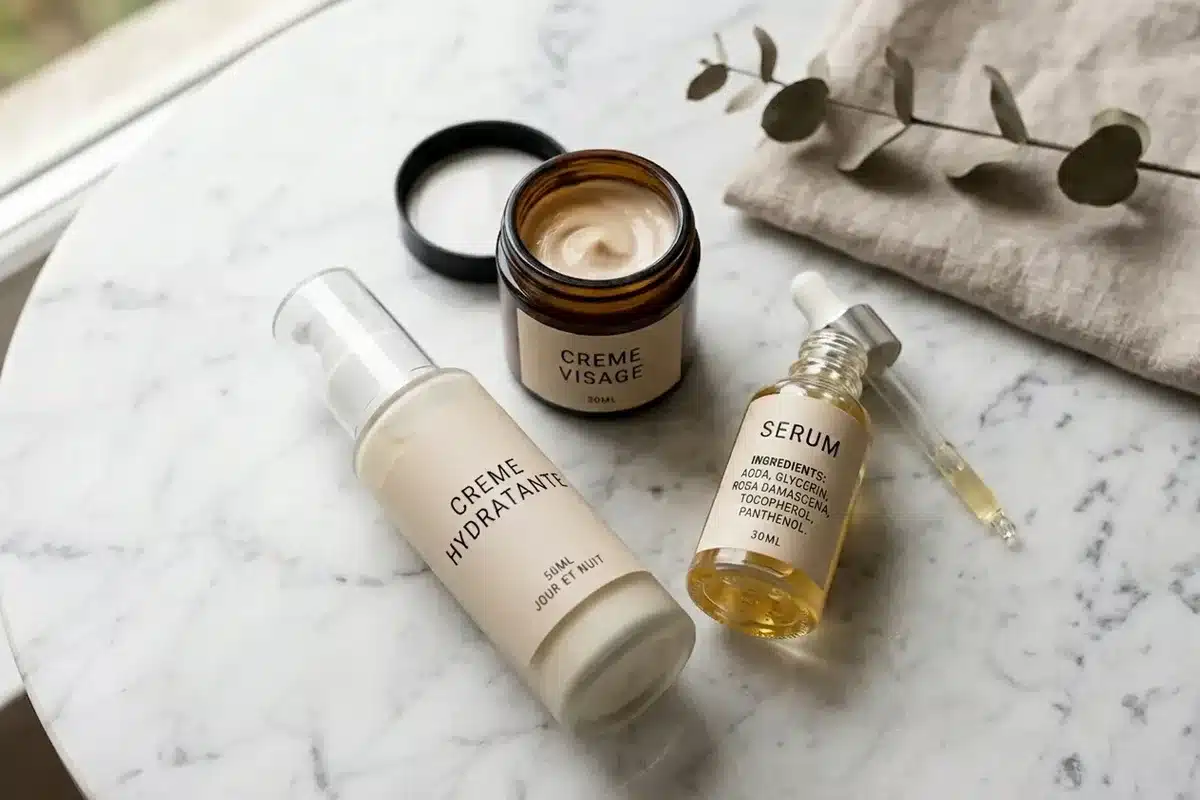 Liste INCI cosmétiques, produits de beauté sur marbre Vue de dessus de produits cosmétiques sur marbre avec étiquettes françaises et liste INCI