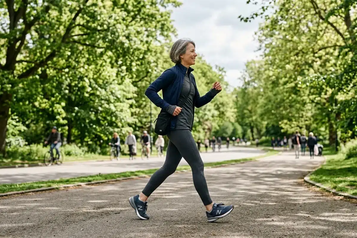 Marche rapide en parc, activité physique adaptée à la ménopause Femme d'environ 60 ans marchant rapidement dans un parc arboré, tenue sport sombre, activité physique ménopause