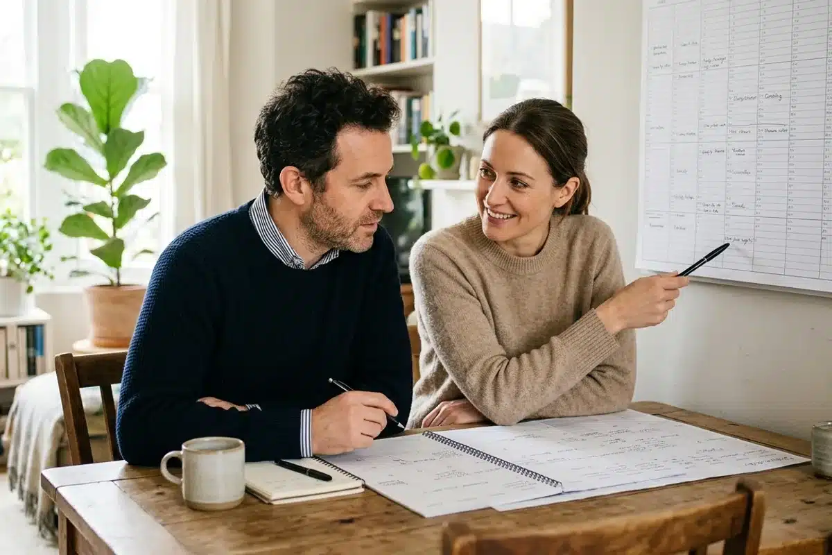 Répartir la charge mentale à deux Un couple organise la semaine ensemble devant un planning mural et un agenda partagé