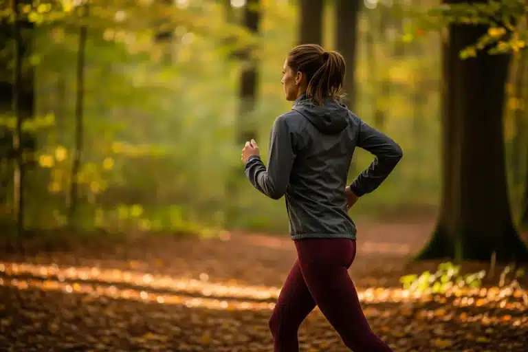 Femme courant en forêt, illustrant les précautions du running pour le périnée