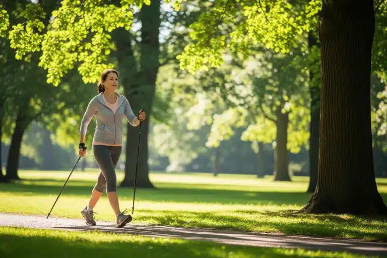 Femme d une quarantaine d annees pratiquant la marche nordique dans un parc, activite physique adaptee en cas d incontinence urinaire