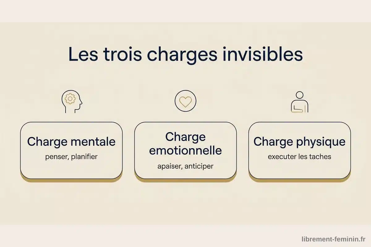 Les trois charges invisibles Infographie des trois charges invisibles : charge mentale, émotionnelle et physique