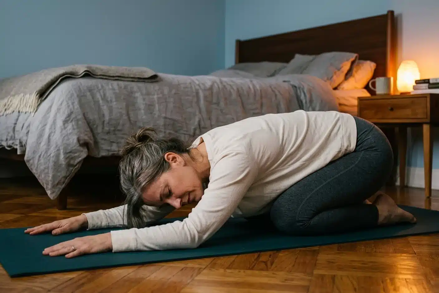 Yoga du soir pour mieux dormir à la ménopause Femme pratiquant des étirements de yoga le soir sur un tapis teal pour favoriser le sommeil pendant la ménopause