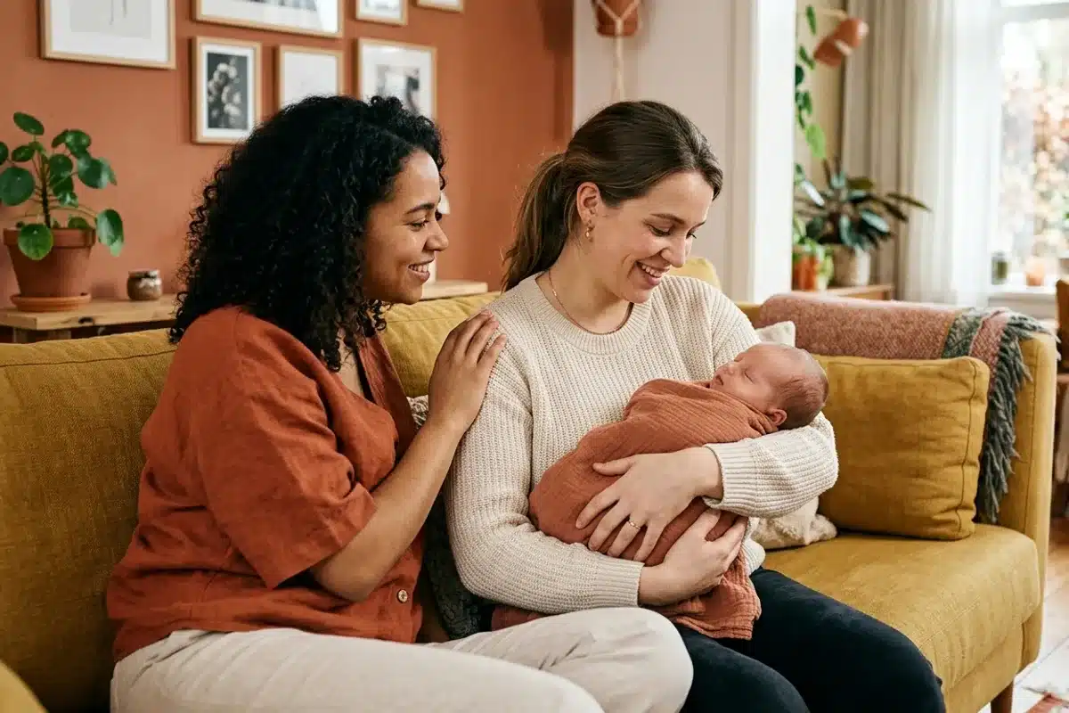 Soutien a une jeune mere traversant le baby blues Amie reconfortant une jeune maman et son nouveau-ne sur un canape moutarde, soutien pendant le baby blues