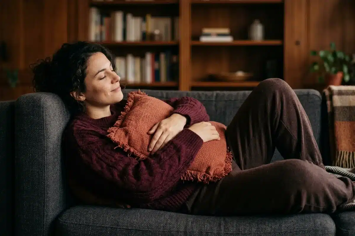 Femme au repos pendant ses règles, coussin sur le ventre Femme allongée sur un canapé avec un coussin terracotta contre le ventre pendant ses règles